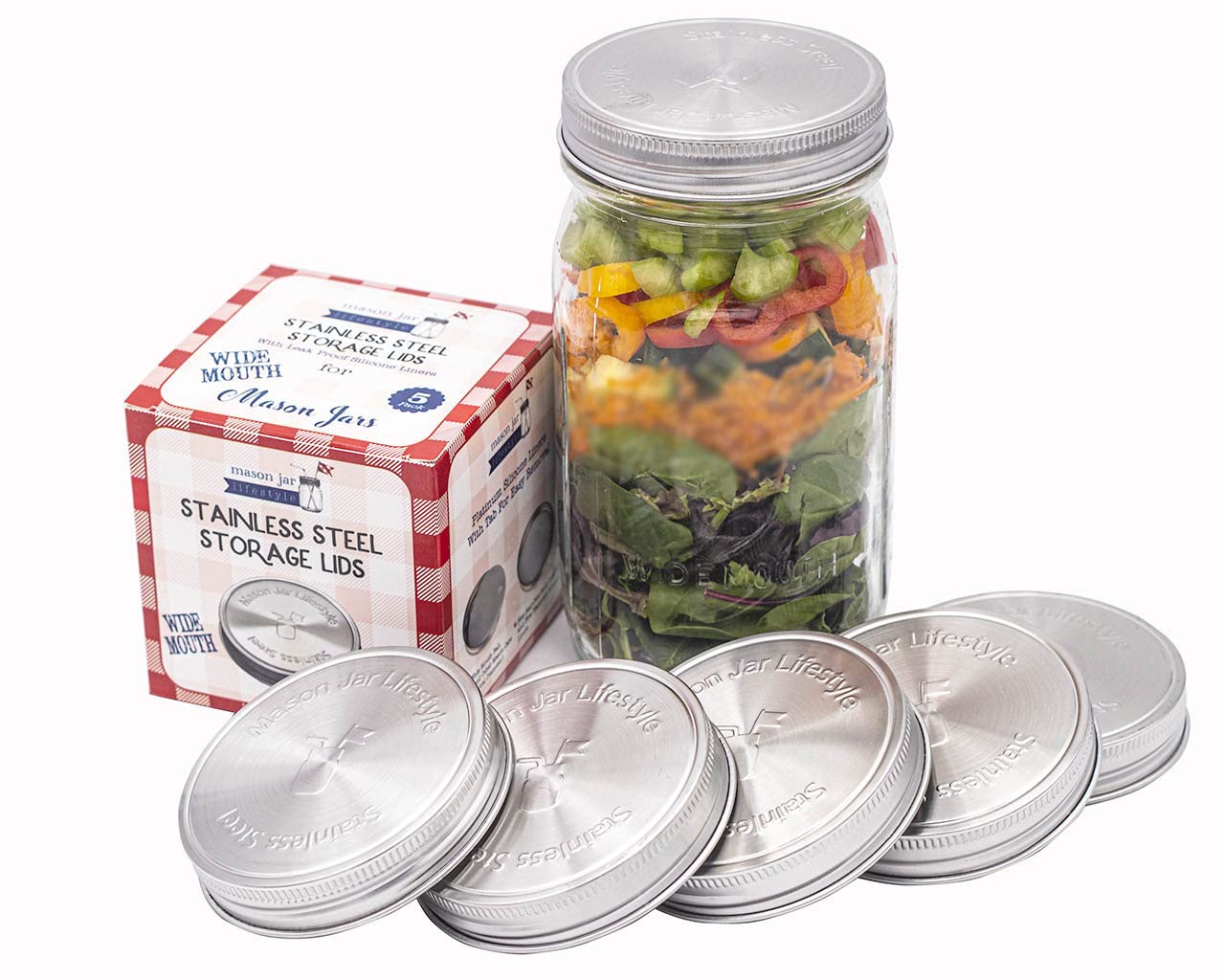 Mason Jar Lifestyle Rust Proof Stainless Steel Storage Lids With Platinum Silicone Liners (5 Pack, Wide Mouth)