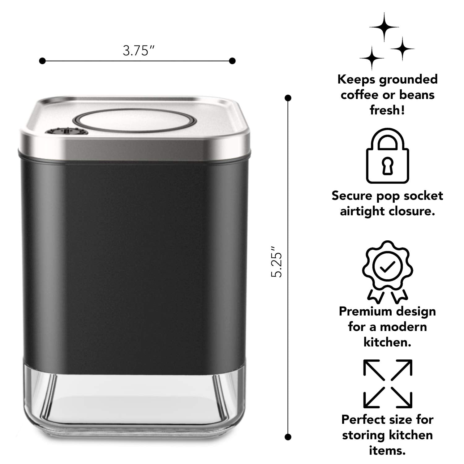 Kaffe Glass Coffee Canister (8Oz) W/Airtight Lid - Click To Release Seal - Bpa Free Glass & Stainless Steel - Elegant Kitchen St