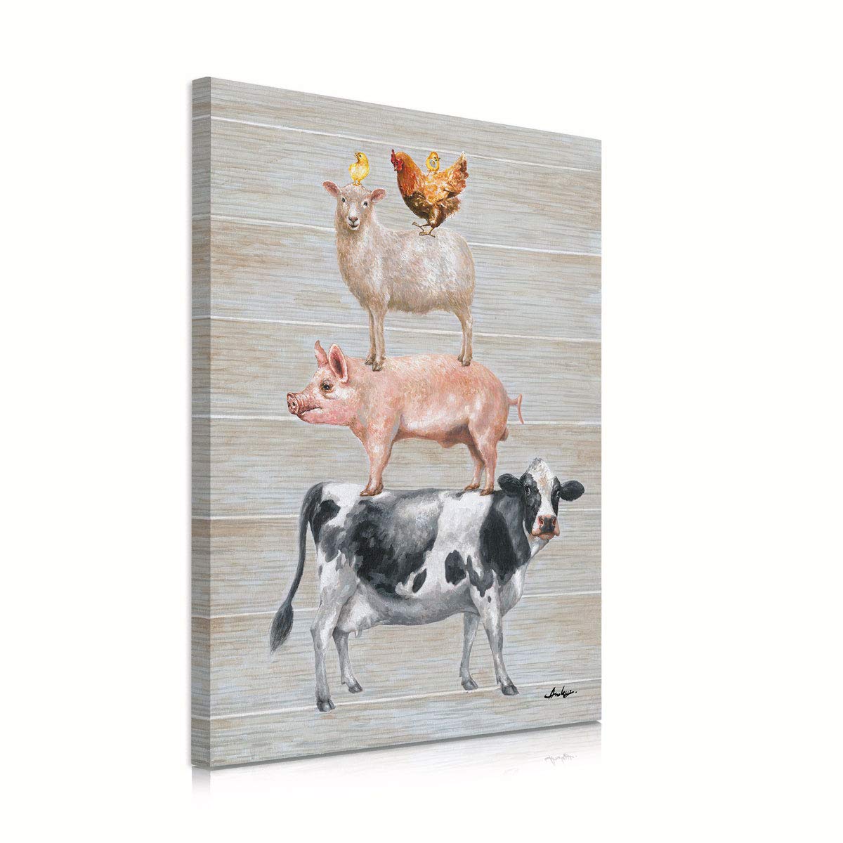Yidepot Farmhouse Wall Decor Canvas Print: Farm Animals Cow Pig Sheep And Rooster Sit On Top Of Each Other Inspirational Posters
