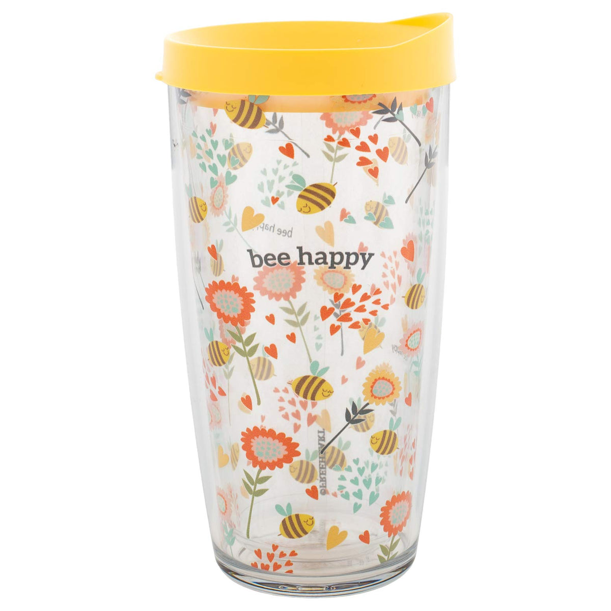 Signature Tumblers Bee Happy Bees And Flowers Wrap On Clear 16 Ounce Double-Walled Travel Tumbler Mug With Sunshine Yellow Easy