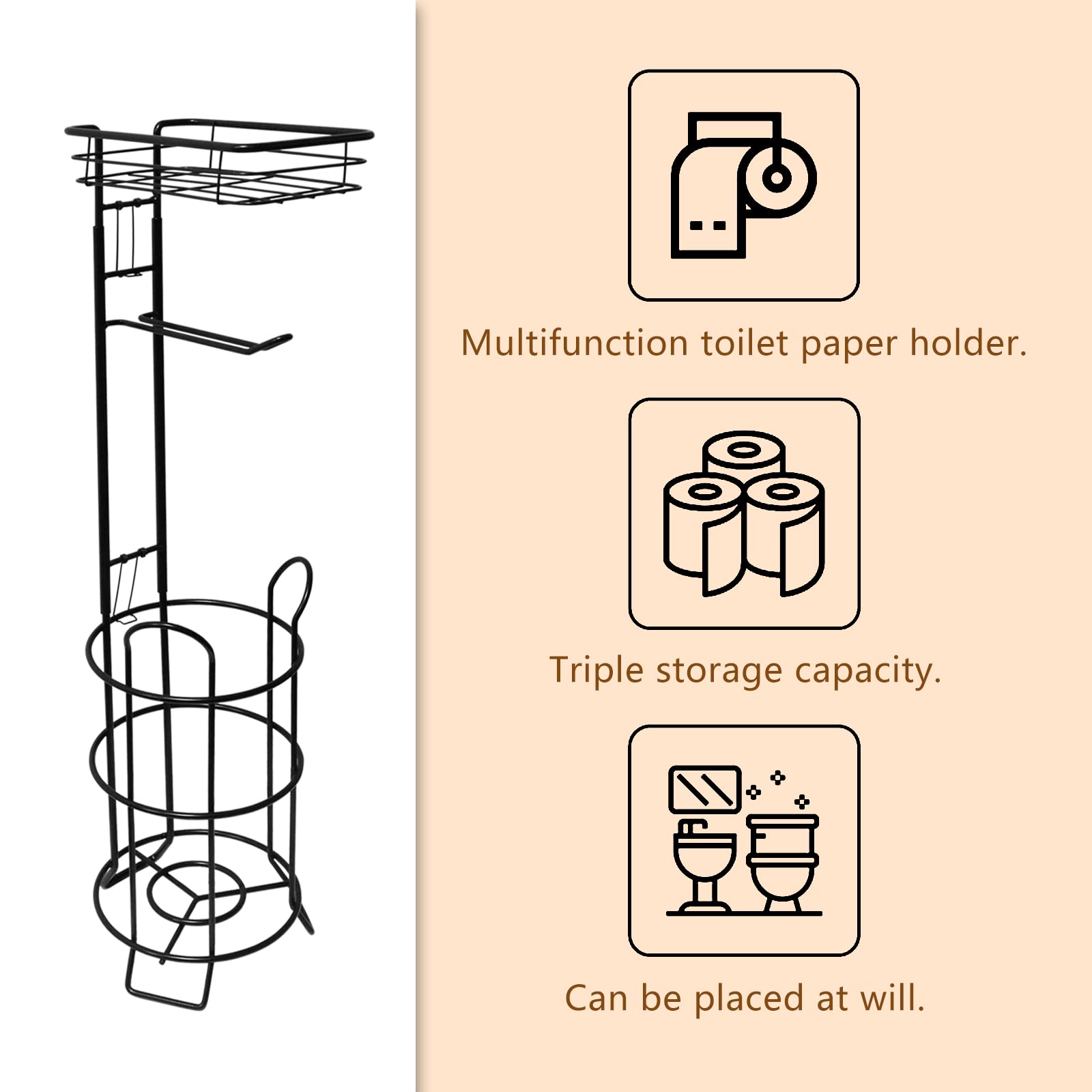 Toilet Paper Holder Stand Bathroom Toilet Paper Storage with Raised Base  Tissue Paper Roll Dispenser with Top Shelf (Black)