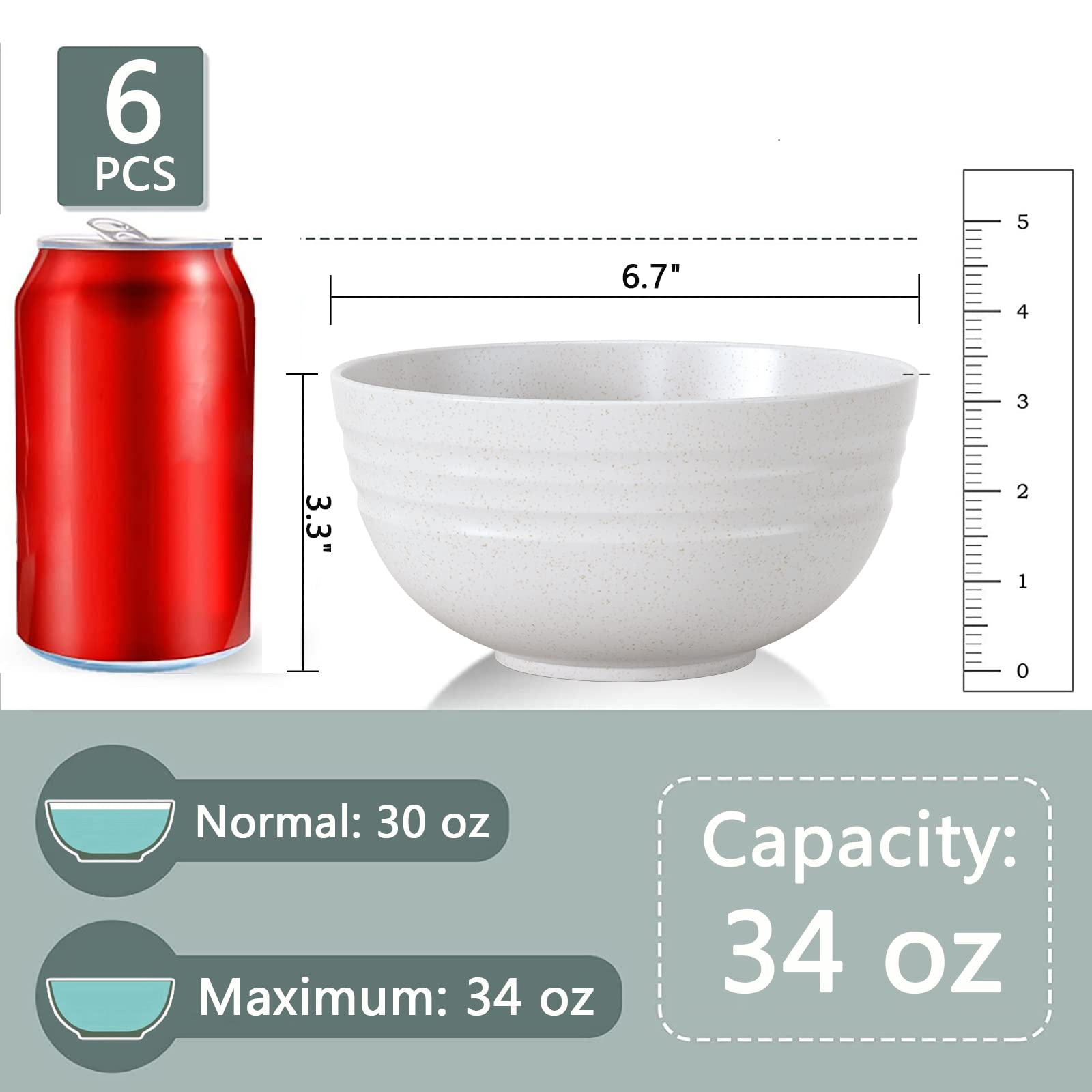 Homestockplus [Set Of 6] 34 Oz Big Bowls, Soup Bowls Bpa-Free Dishwasher & Microwave Safe Bowl Sets For Cereal, Salad, Soup, Ram