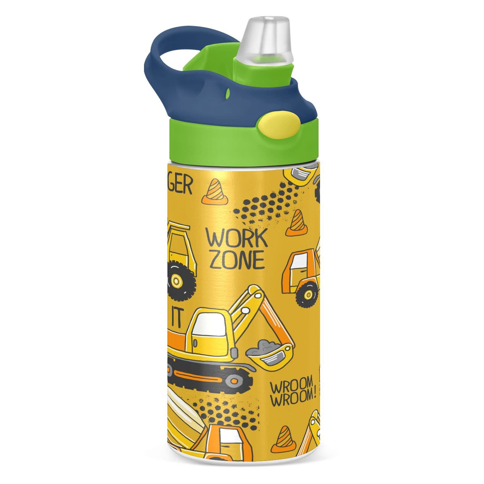Boccsty Tractor Yellow Truck Kids Water Bottle With Straw Lid Construction Machines Insulated Stainless Steel Reusable Tumbler F