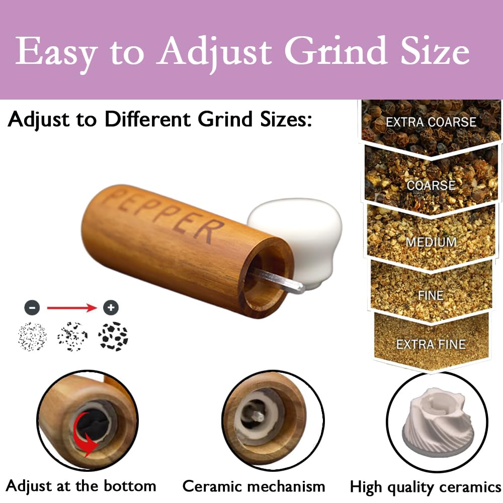 Tessie & Jessie Wooden Salt And Pepper Grinder Set, Premium Acacia Wood, 8'' Elegant Refillable Salt Pepper Mill, Salt & Pepper