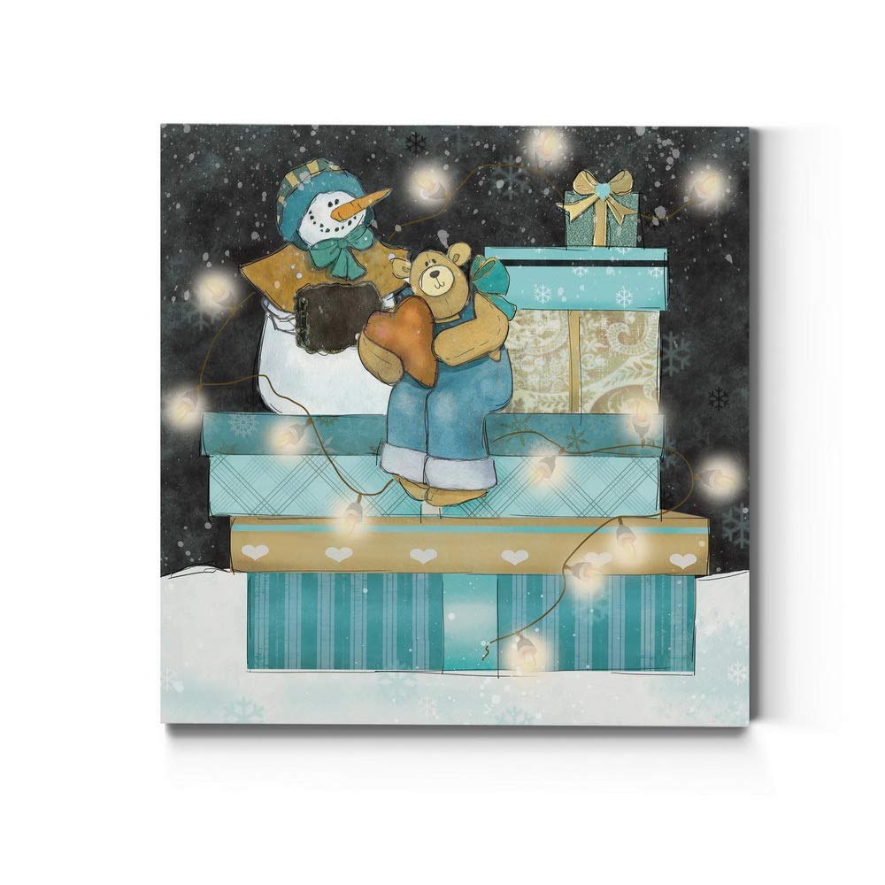Renditions Gallery Snowman And Teddy Bear Wall (2) Art, Christmas & Winter Decor, Cute Pile Of Presents, Premium Gallery Wrapped