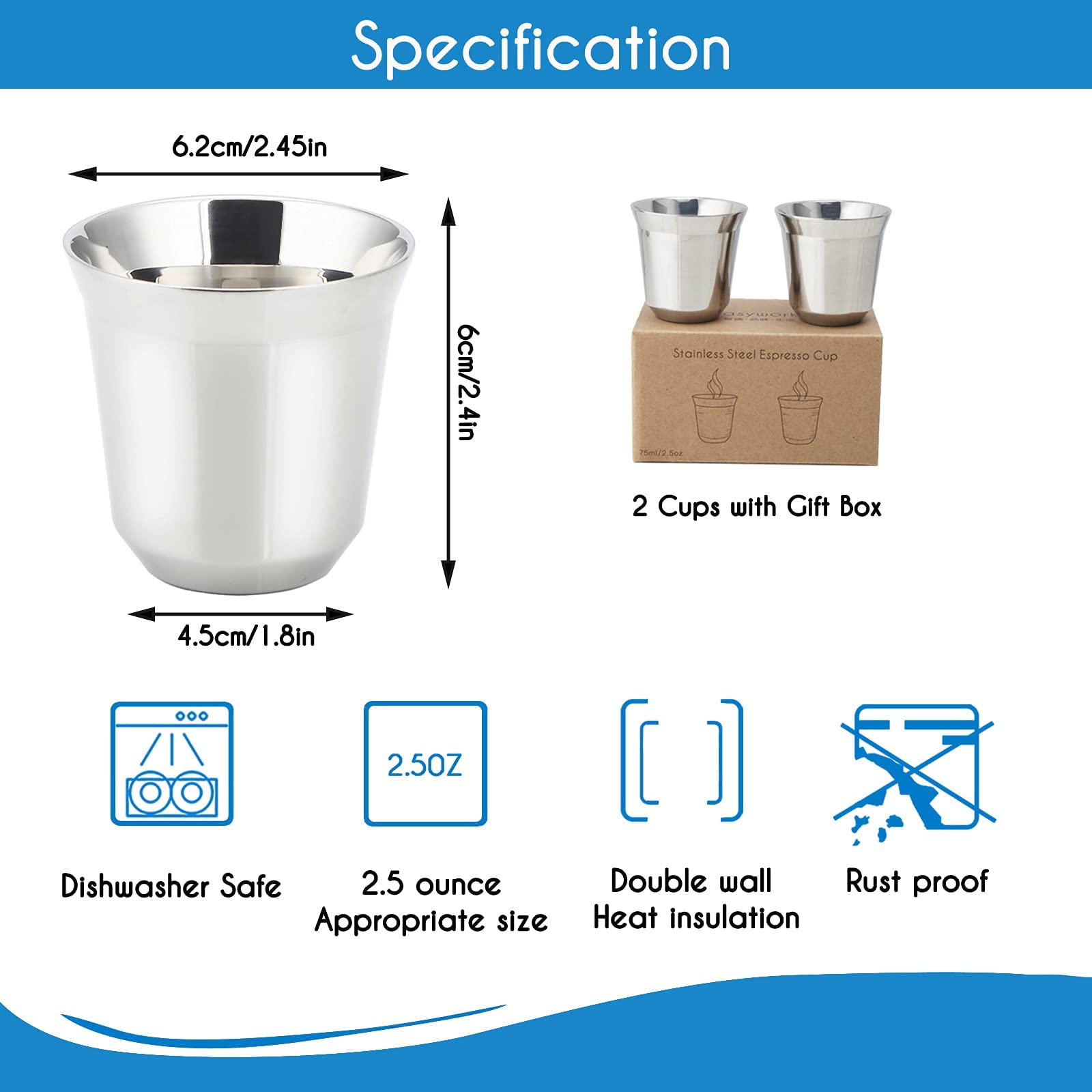 Easyworkz Stainless Steel Espresso Cup 2Pcs Set Double Wall Insulated Metal Demitasse Cups (Silver, 2.5 Oz)