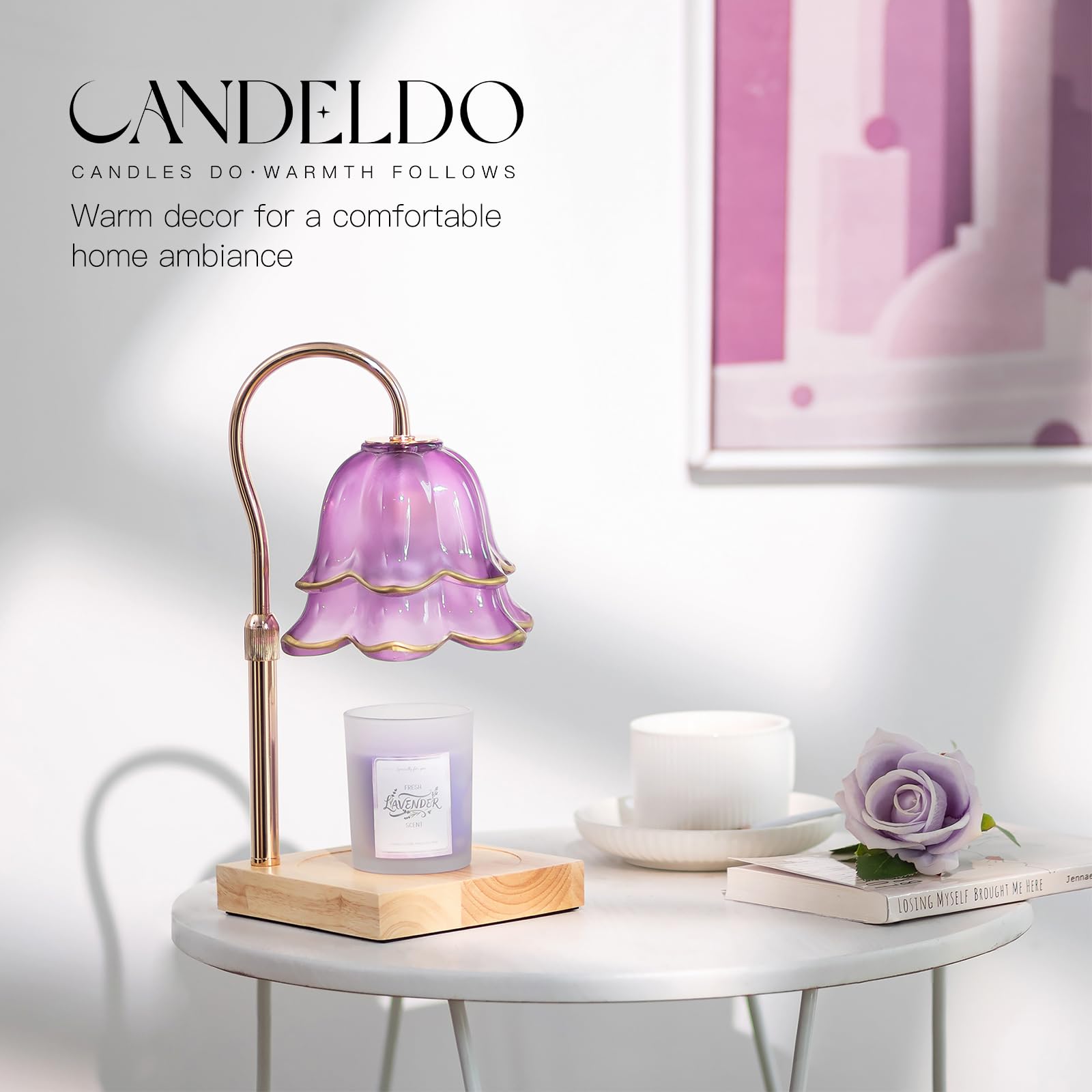 Candeldo Mom Birthday Gifts for Women: Purple Flower Candle Warmer Lamp with Scented Candles Dimmable Wax Warmer with Timer Mom