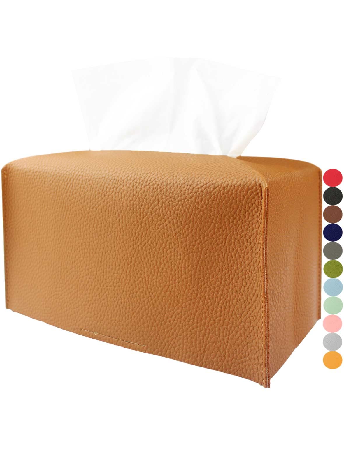 Tissue Box Cover Large Rectangular - Plus Size Leather Tissue Box Holder With Bottom Belt [Jesmini, Camel Brown] Long Rectangle