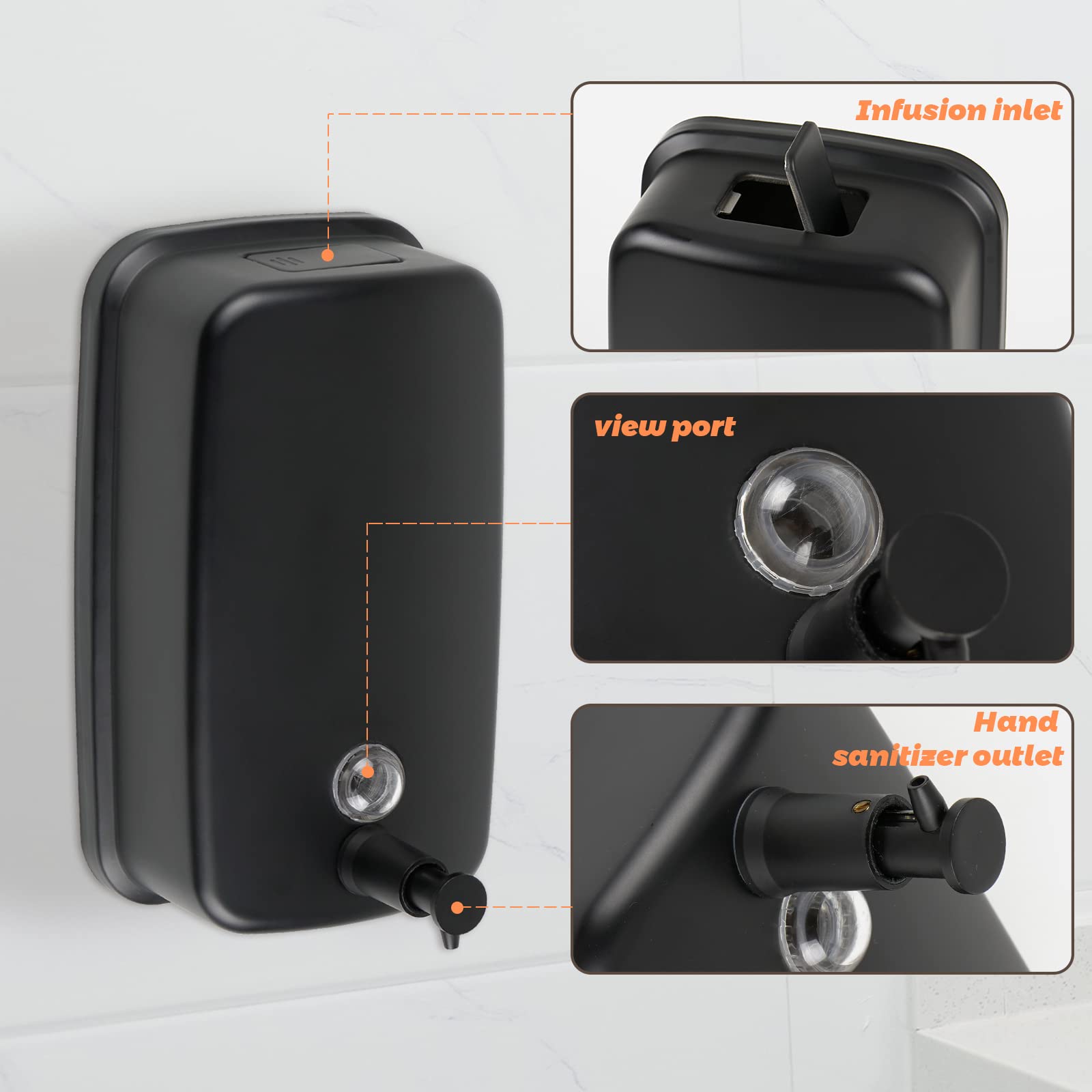 Wewbaby Soap Dispenser Wall Mount, 1000Ml/33.8 Fl.Oz Bathroom Wall Mounted Soap Dispenser Black Metal Wall Soap Dispenser For Ki