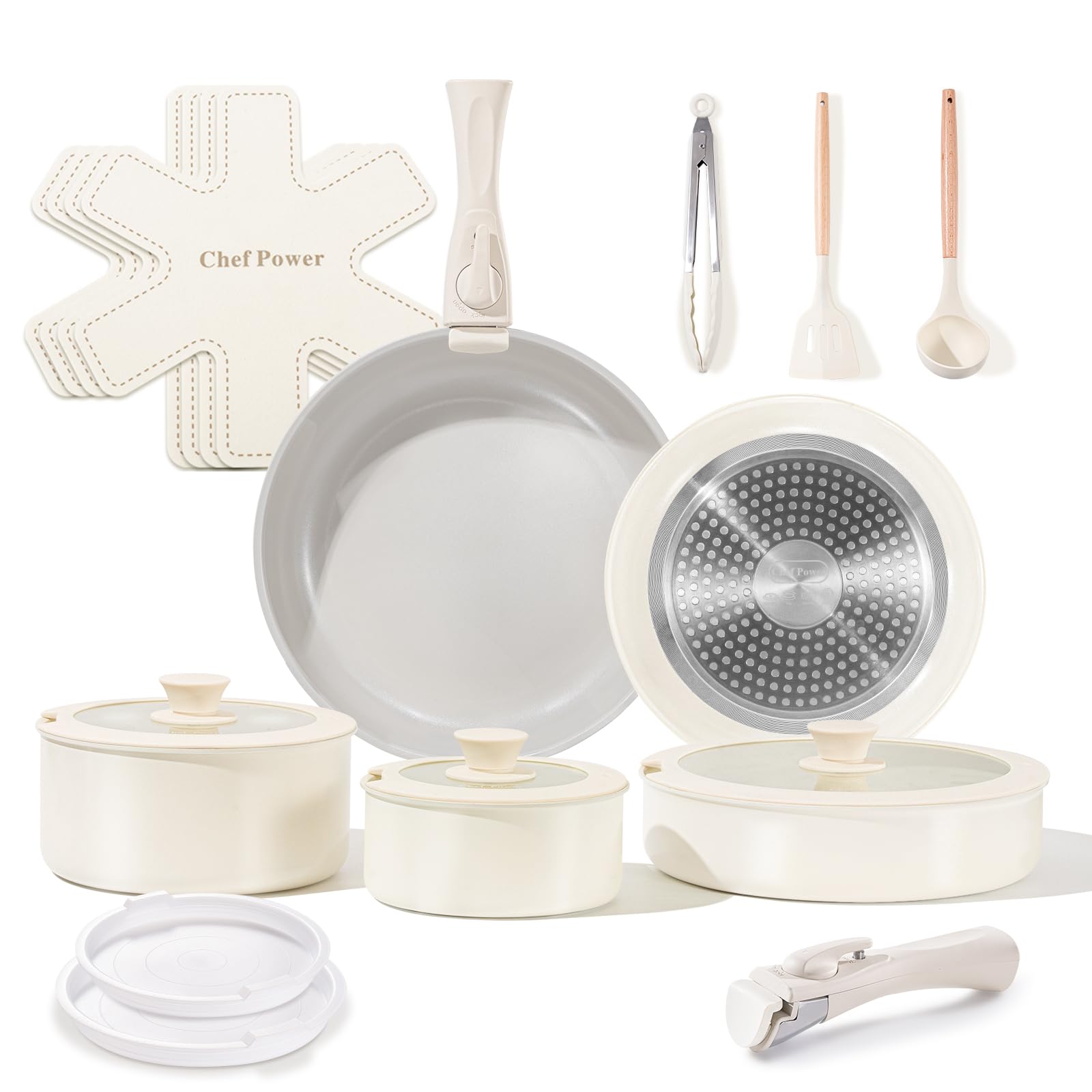 Chef Power Ceramic Nonstick Pots and Pans Set 19 Piece with Detachable Handle, Induction Dishwasher Oven Safe Cookware Set, RV K