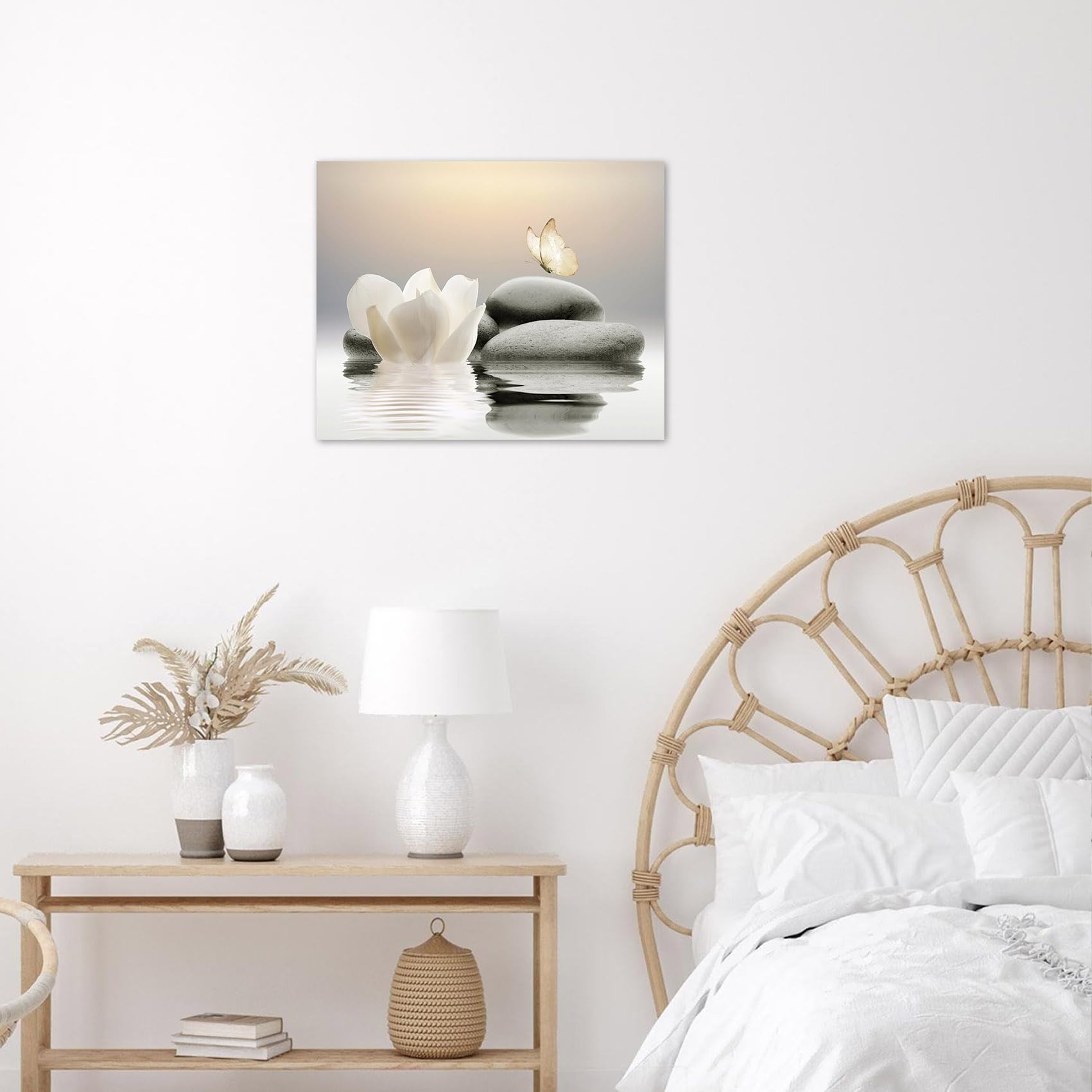 Eobtain Zen Canvas Wall Art White Flower And Yellow Butterfly On Lake Wall Art For Bathroom Living Room Bedroom Modern Spiritual