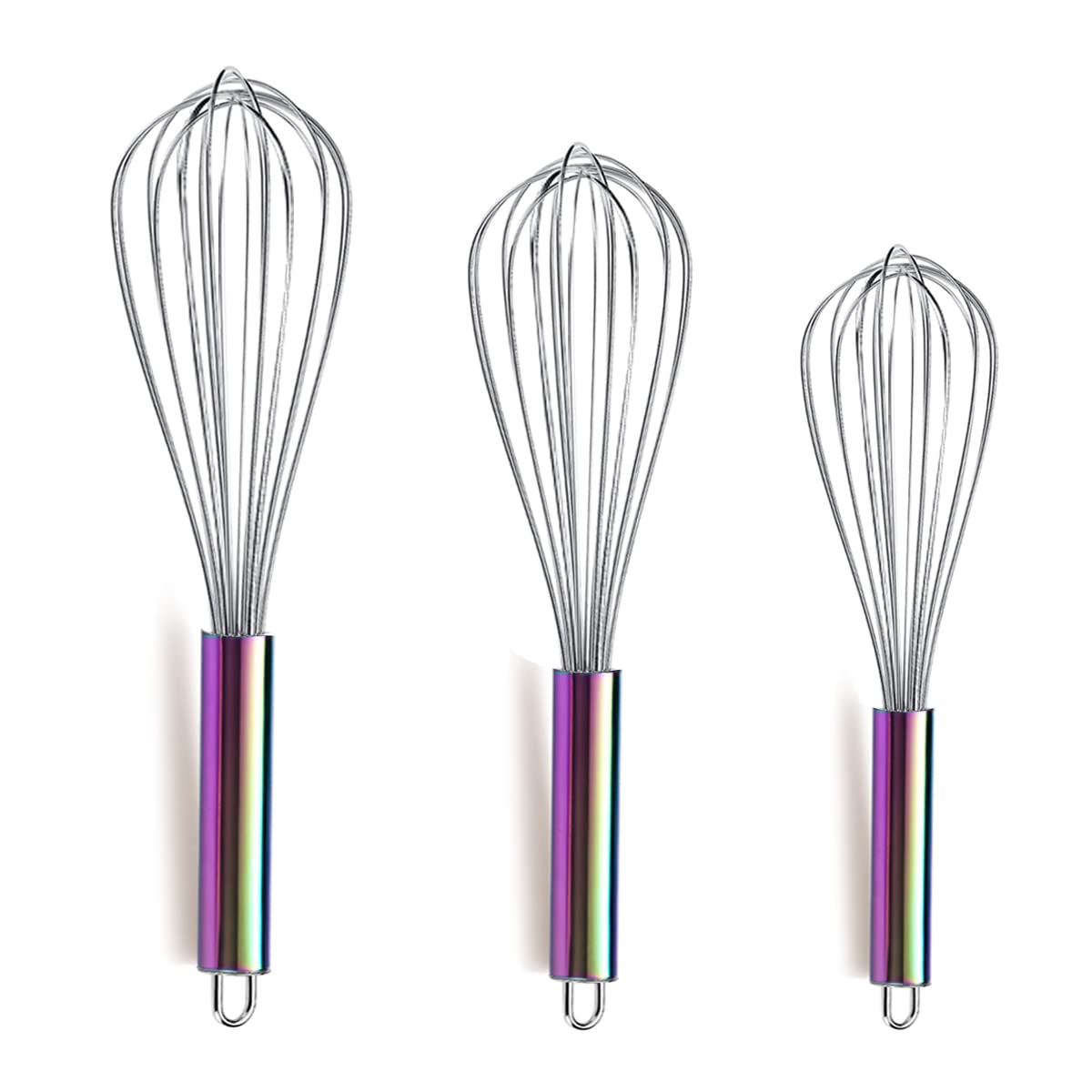 Berglander Rainbow Handle Whisk Pack Of 3 Stainless Steel 8'',10'',12'', Titianium Plating Colorful Handle Whisks For Cooking, B
