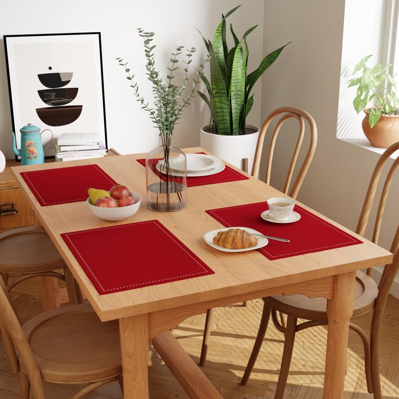Encasa Xo Placemats Set Of 4 | Pure Cotton Hemstitched Design | Red | Rectangular 19''X13'' - Dining Table Mat | Machine Washabl