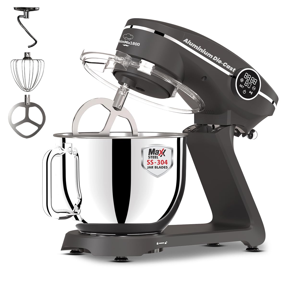 Inalsa Stand Mixer Cuisin Mix 1800|Metal Die-Cast Body|1800W Copper Motor|Durable Metal Gears|7 L Ss Bowl|Digital Timer|Stainles