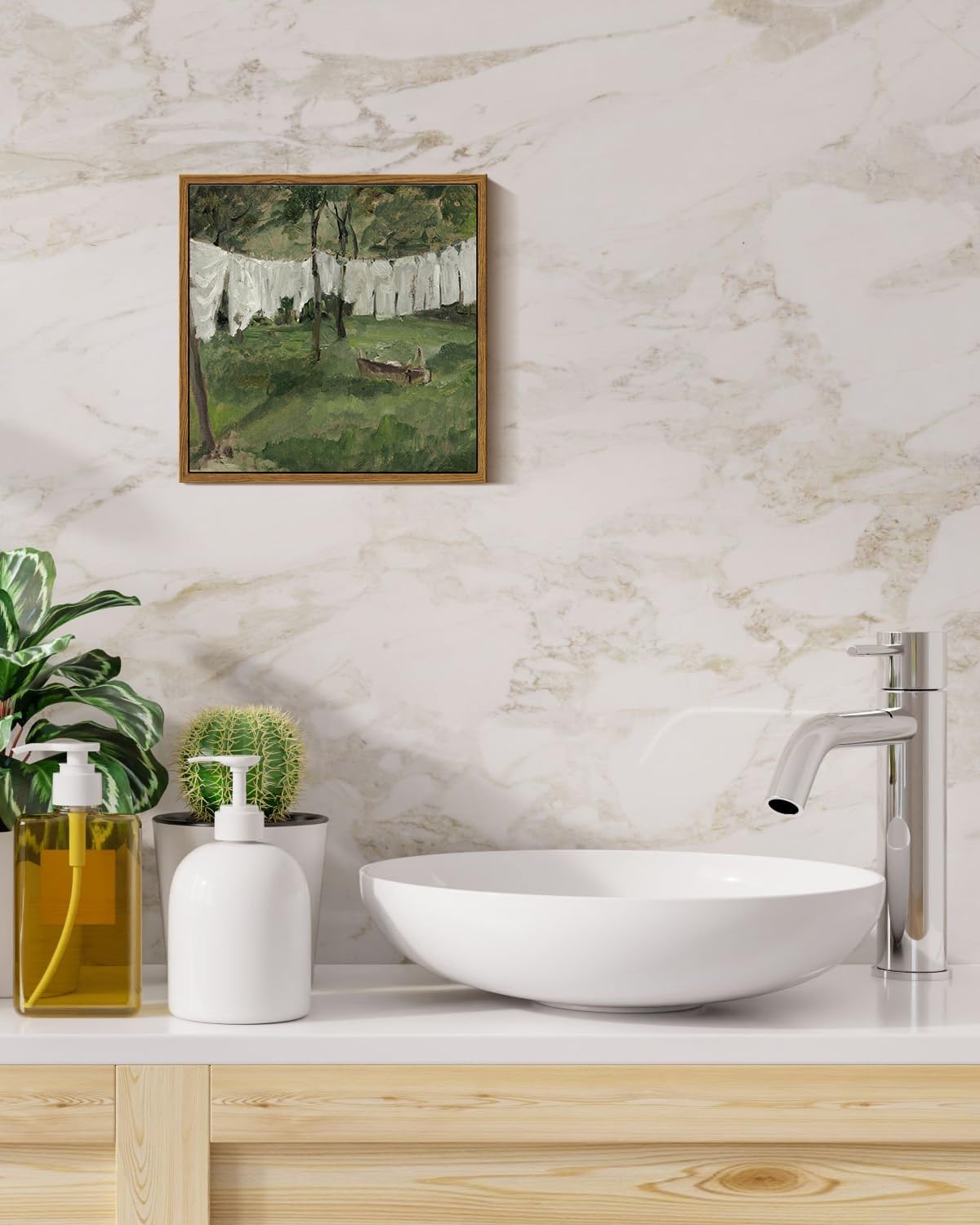 Insimsea Framed Canvas Wall Art,Vintage Laundry Room Art Print, Antique Oil Painting, Country Landscape Vintage Wall Art Canvas,