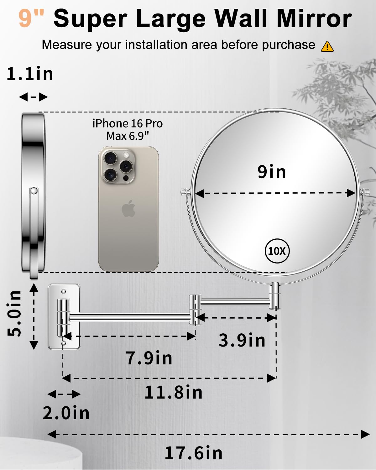 Gospire 9 Inch Extra Large Wall Mounted Mirror with 1X/10X Magnification, 360 Swivel & Extendable, Chrome Polished Finish for Ba