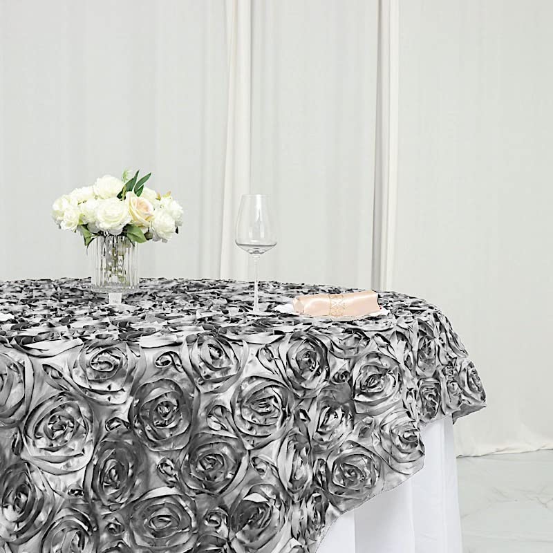 Balsacircle 72X72-Inch Silver Raised Roses Table Overlays - Wedding Reception Party Catering Table Linens Decorations