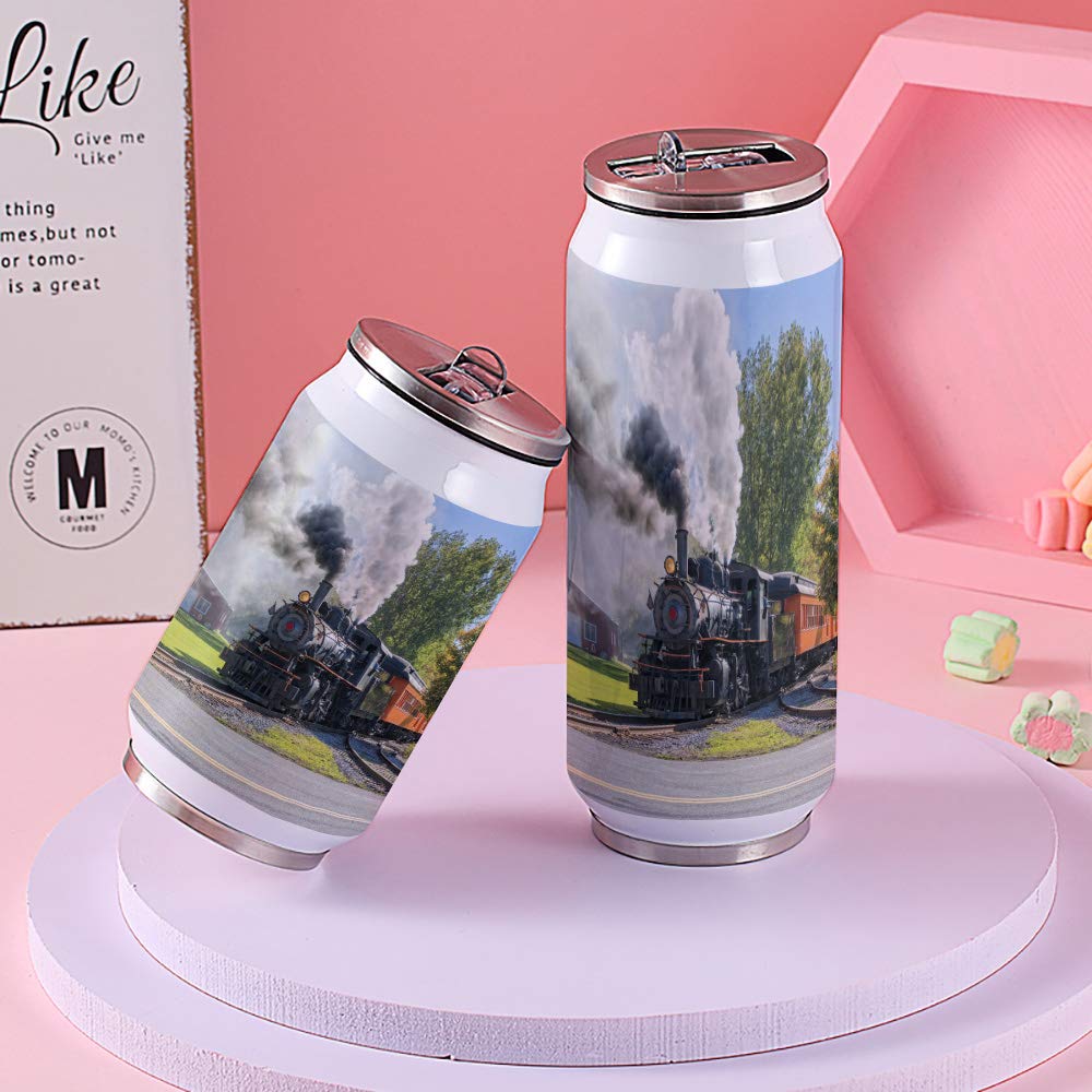 14Oz Stainless Steel Tumbler With Lid & Straw-Double Wall Vacuum Insulated Travel Mug,Steam Train Water Bottle Coffee Beverage D