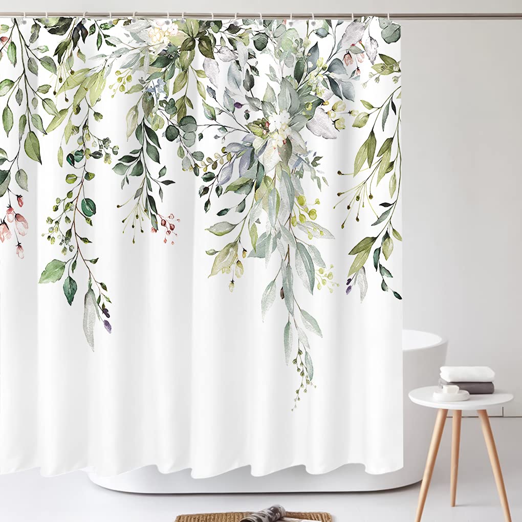 Tititex Eucalyptus Shower Curtain Sets, Watercolor Leaves On The Top Plant With Floral Bathroom Decoration 72X78 Inch With Hooks