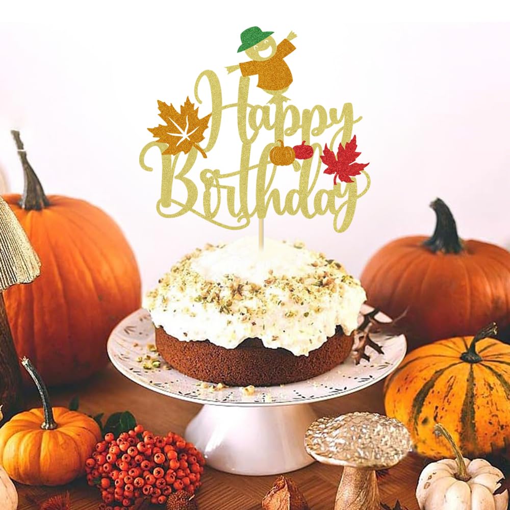 Lgaiehjc Pumpkin Happy Birthday Cake Topper Glitter Autumn Fall Maple Leaves Thanksgiving Birthday Cake Pick for Baby Shower Pum