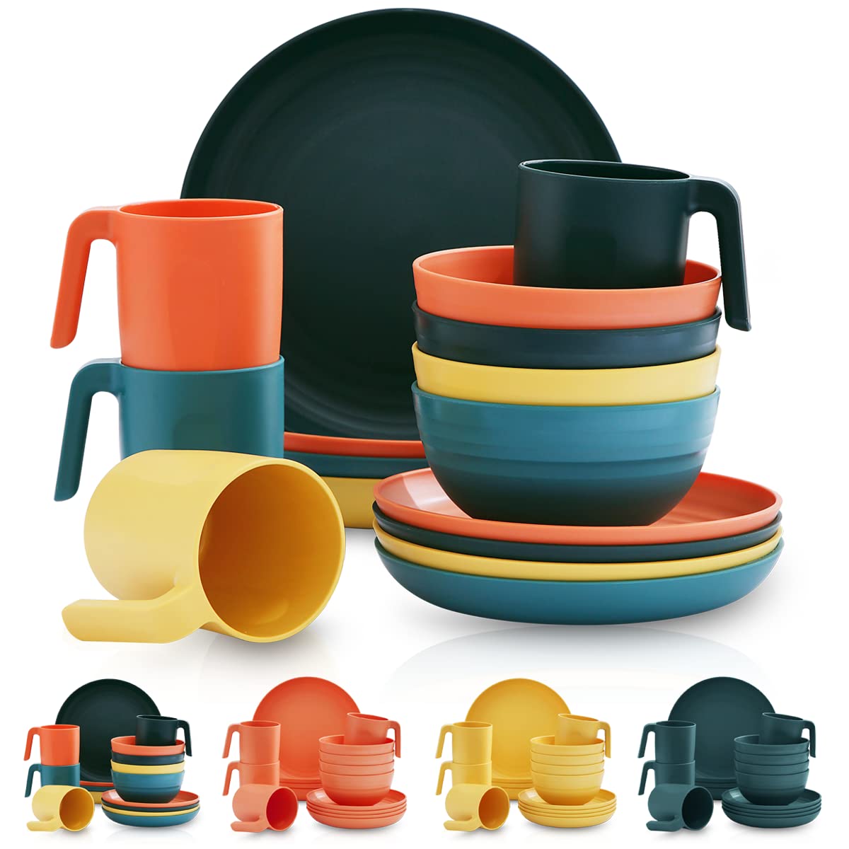 Kyraton Plastic Dinnerware Set Of 16 Pieces, Unbreakable And Reusable Light Weight Plates Mugs Bowls Dishes Easy To Carry And Cl