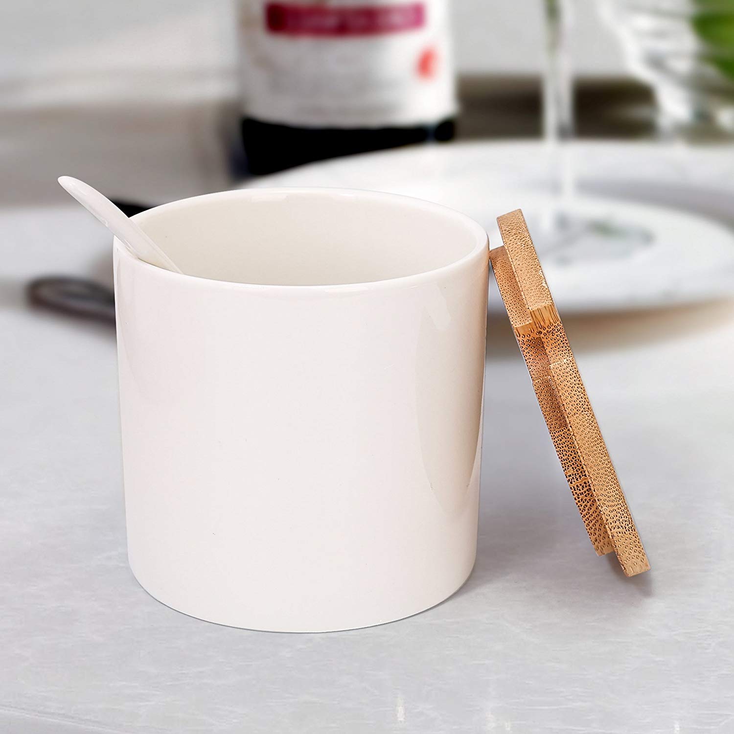 Lucky Goddness June Sky Ceramic Food Storage Containers With Bamboo Lid- Modern Design Porcelain Jar- Perfect Canister For Sugar