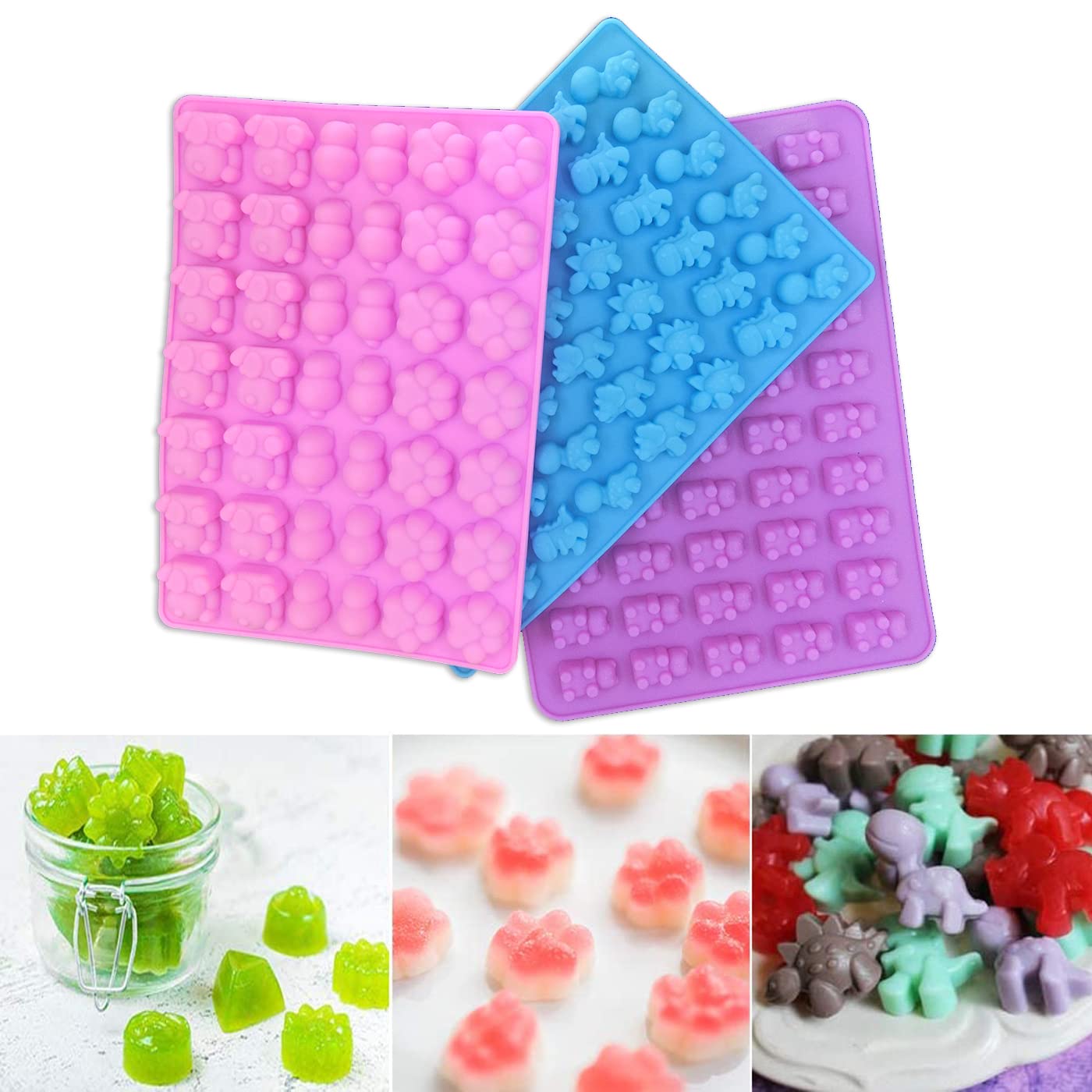3-Pack Mini Dinosaur, Bear Shape,Panda And Panda Claws Candy Chocolate Non-Stick Silicone Mold And Ice Cube Tray, Silicone Candy