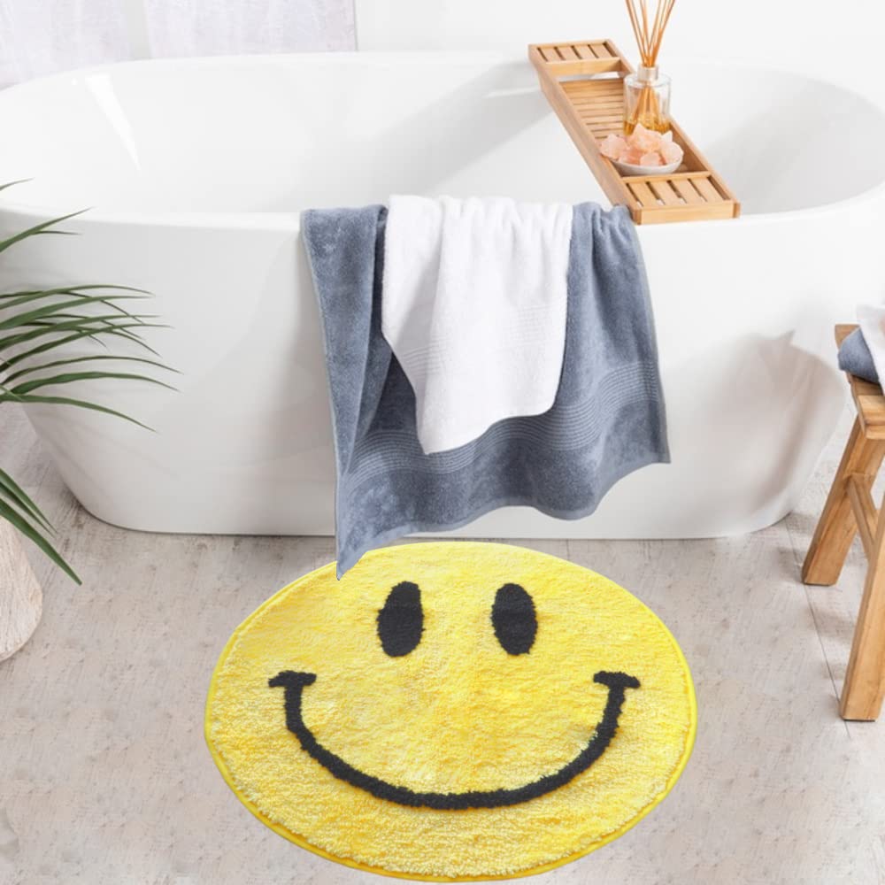 Evovee Yellow Bath Mat Rug Funny Happy Cute Bathroom Decor Shower Rugs Retro Funky Bedroom Aesthetic Fun Round Preppy Cool Apart