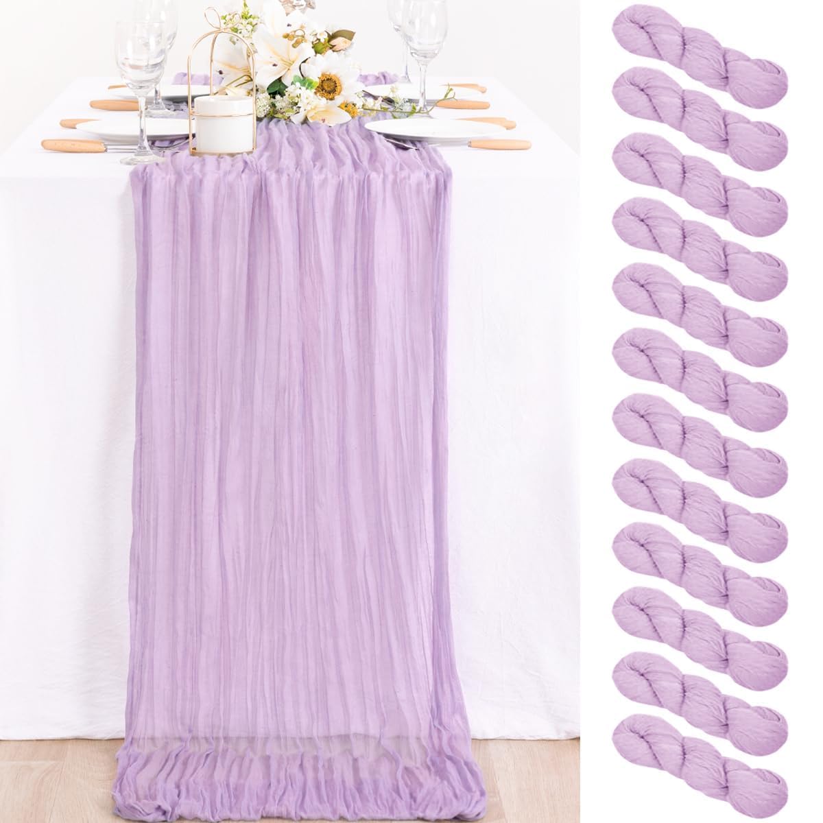 MLMC 12 Pack Lilac Purple Table Runner 10ft Rustic Gauze Lavender Cheese Cloth Table Runner 35x120 Inches for Romantic Wedding B
