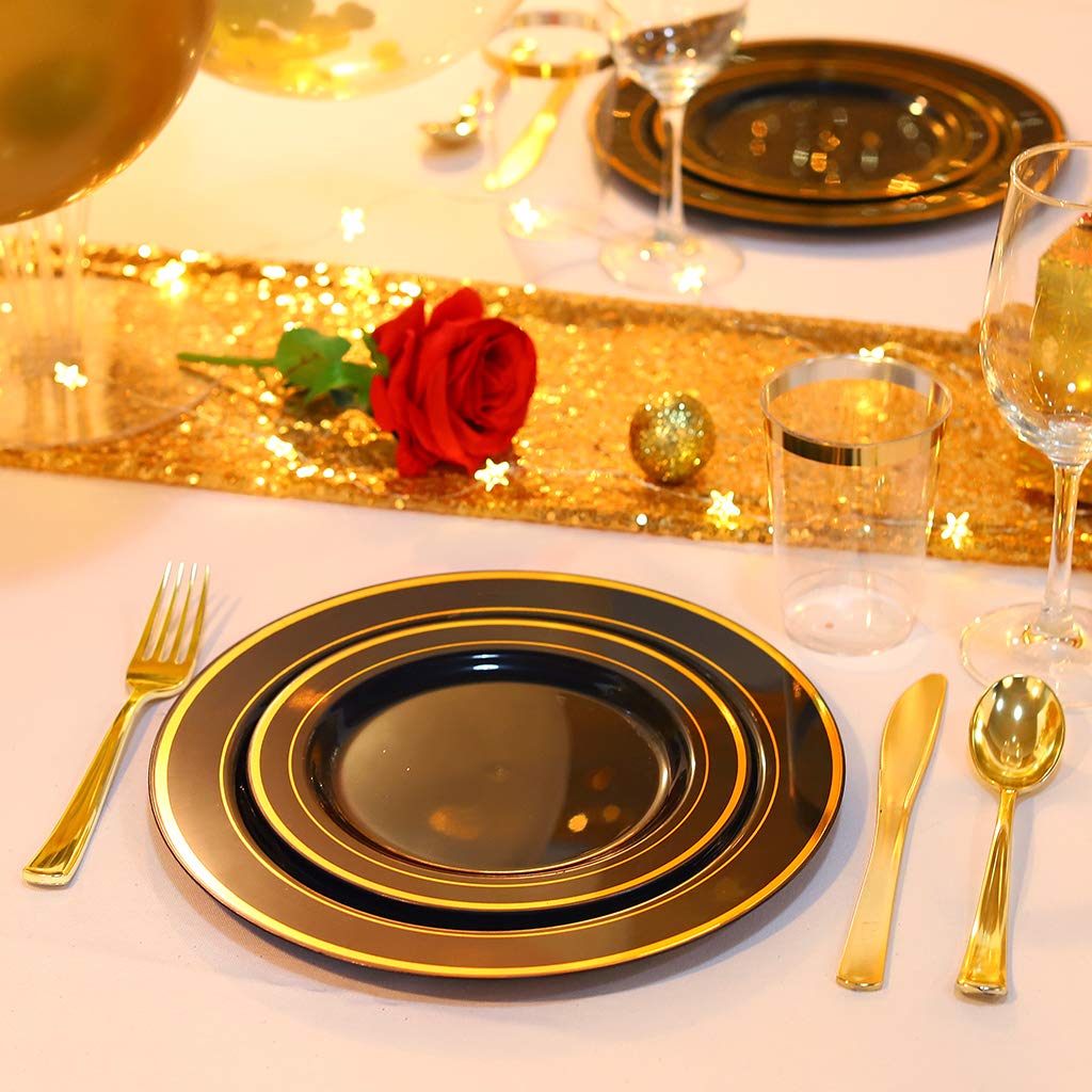 Bucla 100 Pieces Black And Gold Plastic Dinner Plates - 10.25 Inch Black Disposable Plates With Gold Rim - Disposable Dinner Pla