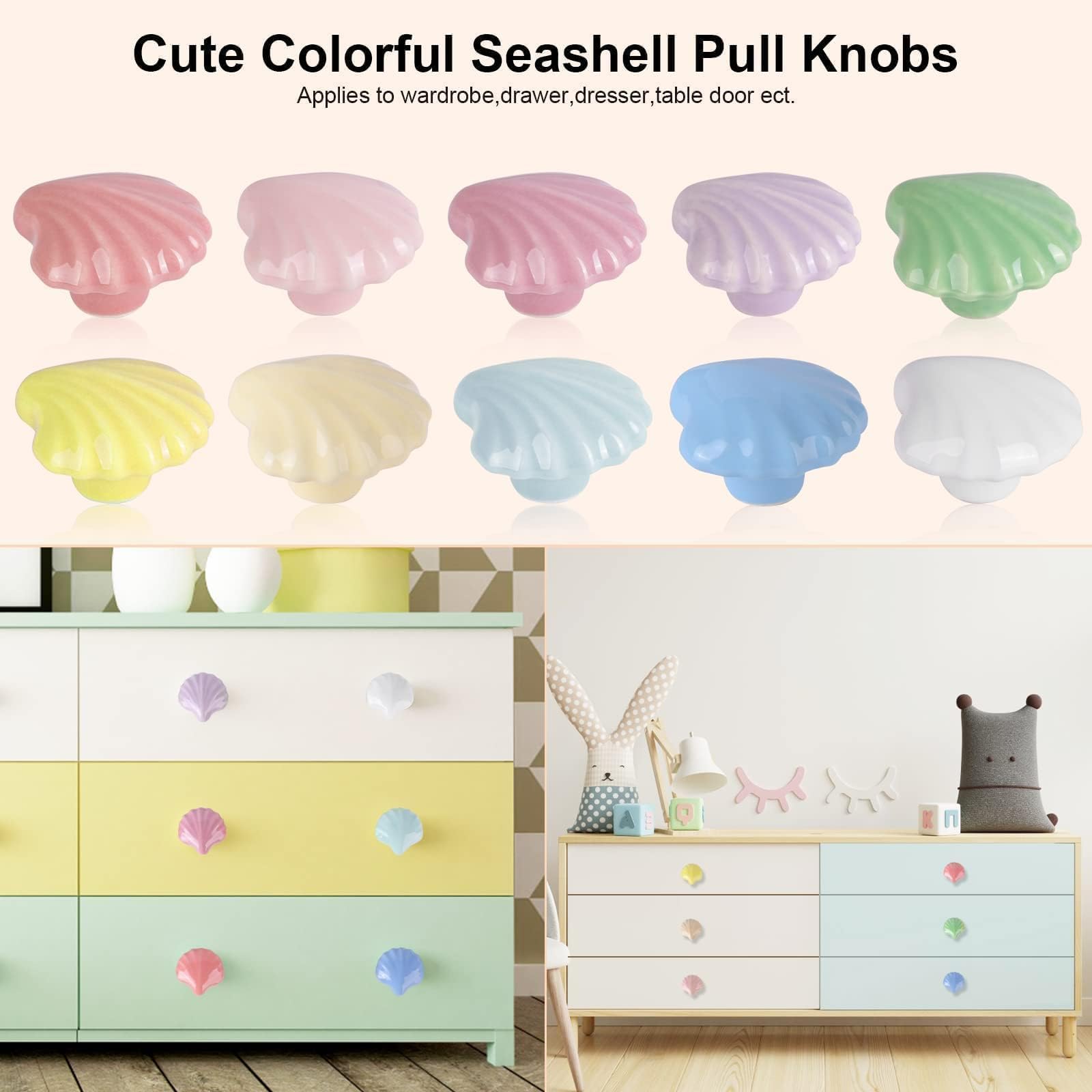 OctinPris 10x Colorful Cute Glossy Ceramic Knobs Seashell Shape Lovely Door Pull Knob Cabinet Closet Ceramic Drawer Cupboard Kit