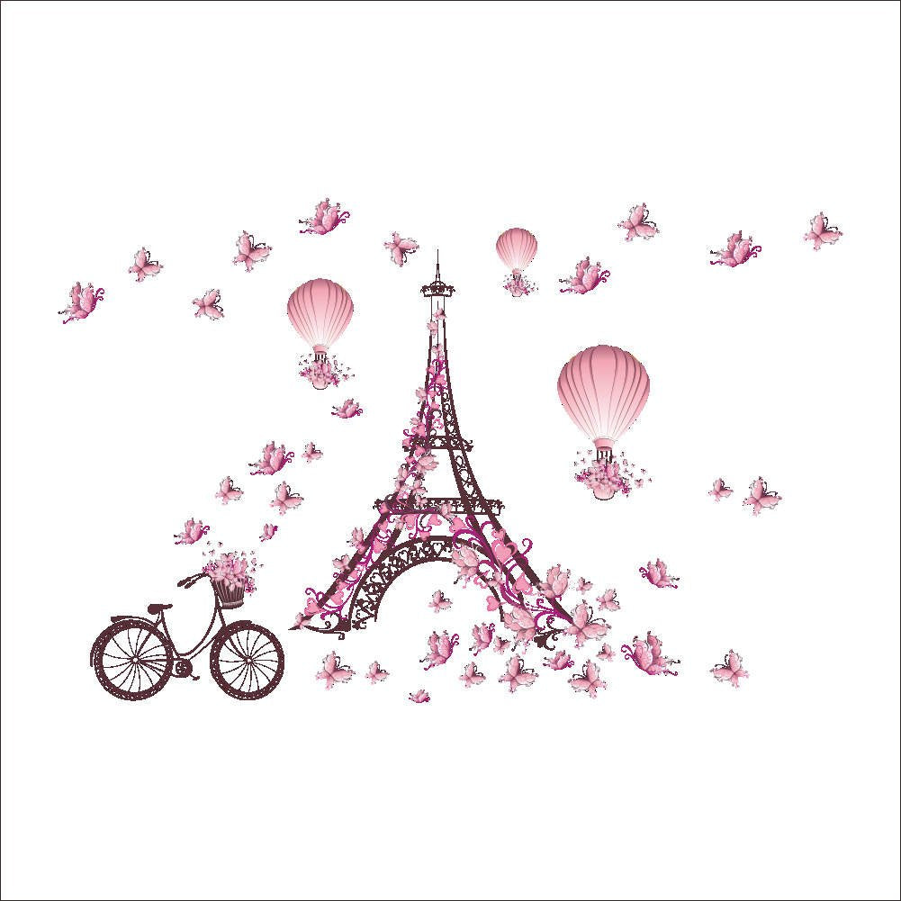 Bibitime Romantic France Paris Eiffel Tower Wall Decals For Girls Room Flower Bike Butterflies Hot Air Balloon Vinyl Sticker Val
