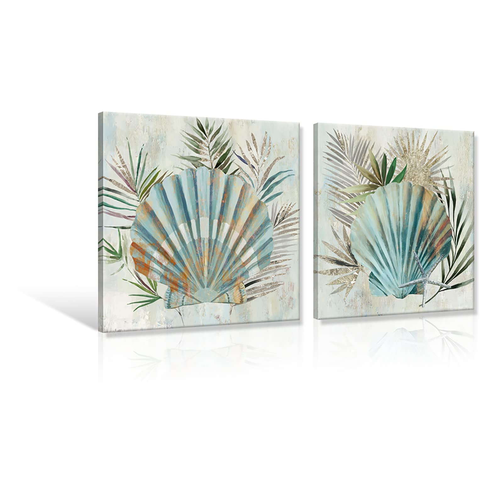 JAPO ART Turquoise Shell by PI Creative Art Modern Canvas seashells Wall Pictures Giclee Artwork Print on Canvas Framed Stretched Decor for Living Room Bedroom 12 x 12 inch x 2 pcs