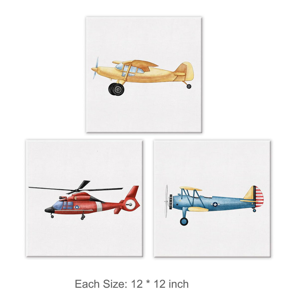 Set Of 3 Watercolor Airplane Nursery Transportation Canvas Wall Art Fr ...