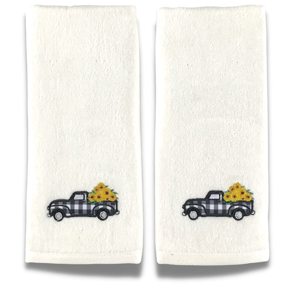 Decorative Fall Hand Towels: Farmhouse Black White Check Truck With Sunflowers Load Embroidered Design, Plush Velour Cotton, Set