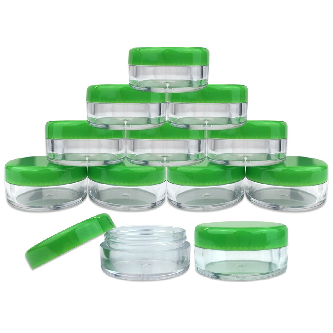 Beauticom (Quantity: 200 Pieces) 5G/5Ml Round Clear Jars With Green Lids For Scrubs, Oils, Toner, Salves, Creams, Lotions, Makeu