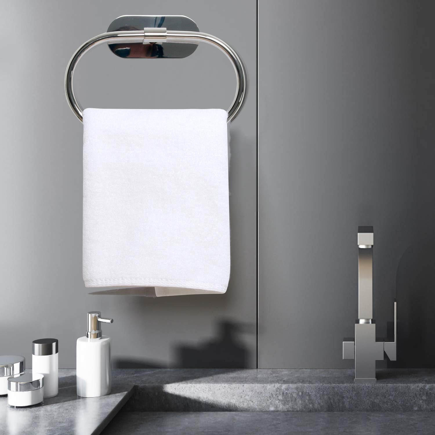 HouseAid Self Adhesive Towel Ring for Bathroom  Stainless Steel Adhesive Hand Towel Holder  No Drilling Modern Hand Towel Hanger  Polished Chrome