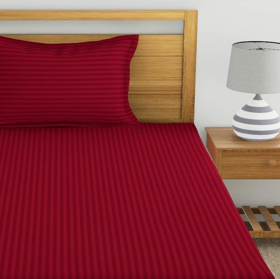 Dreamscape 220 Tc Cotton Single Bedsheet With Pillow Cover, Self-Striped - Red