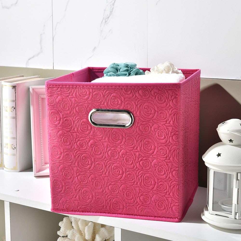 Ikebana Embossed Peach Blossom Pink Foldable Cube Storage Bins 11 Inches, Fabric Storage Bins Drawers Clothes Organizer Collapsi