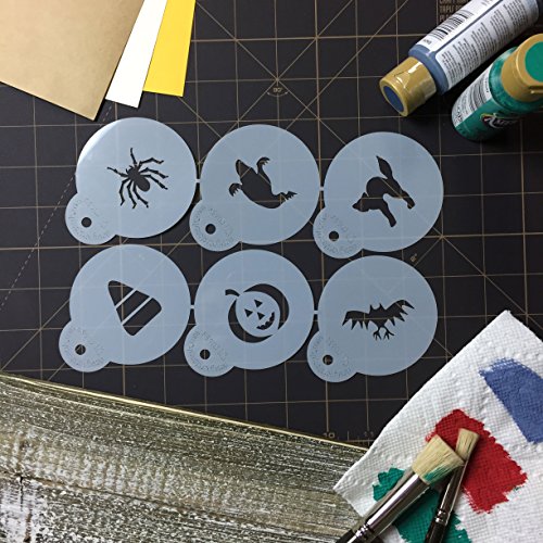 Designer Stencils C065 Halloween Cupcake And Cookie Stencil Set With Cat, Candy Corn, Spider, Ghost, Bat And Pumpkin, Beige/Semi
