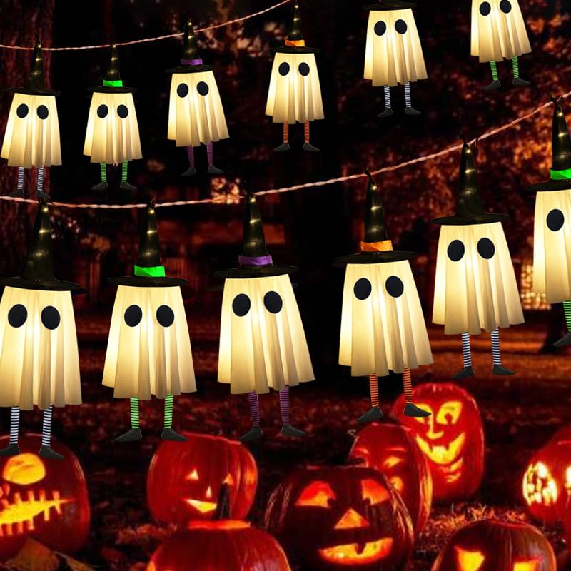 Set of 4 Halloween Hanging Ghosts, Halloween Decorations Outdoor Hanging Ghosts with Witch Hat,Glowing Ghost Witch Hat Lights, L