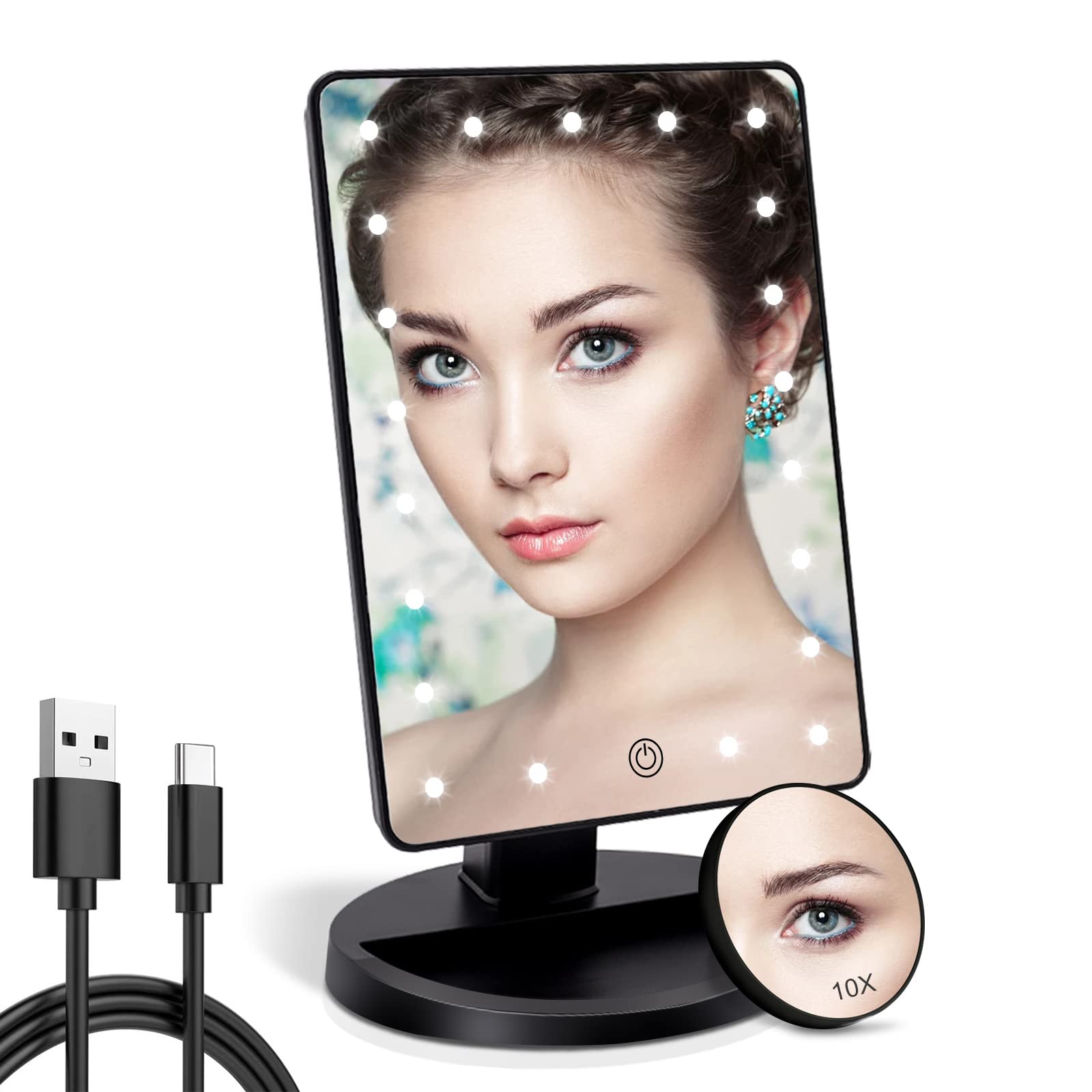 Cosmirror Lighted Makeup Vanity Mirror With 10X Magnifying Mirror, 21 Led Lighted Mirror With Touch Sensor Dimming, 180Adjustabl