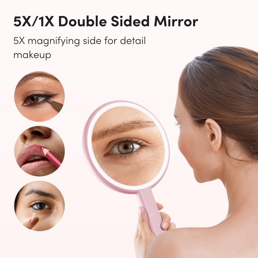 Fancii Cami Handheld Travel Makeup Mirror With Lights, Rechargeable, Extra Large, Double Sided 5X / 1X Magnifying Mirror - 3 Col