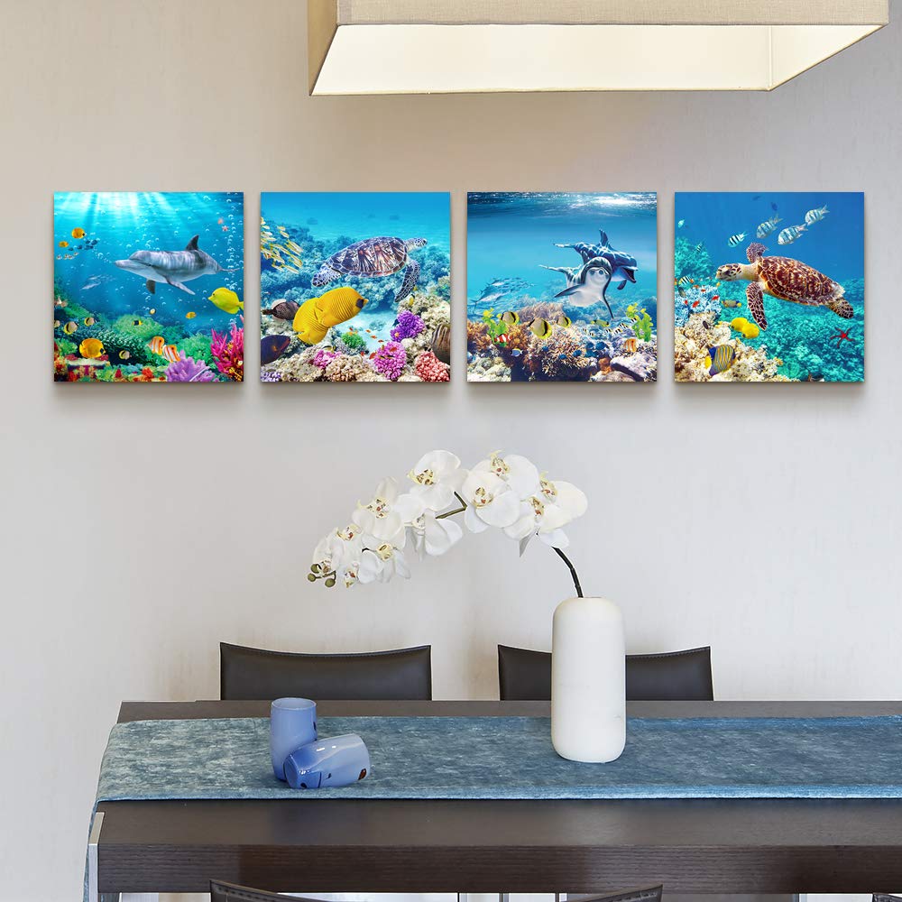 Mhartk66 Canvas Wall Art - Coral And Fish Modern Home Decor Stretched And Framed Ready To Hang Ocean Theme Sea Fish And Sea Turt
