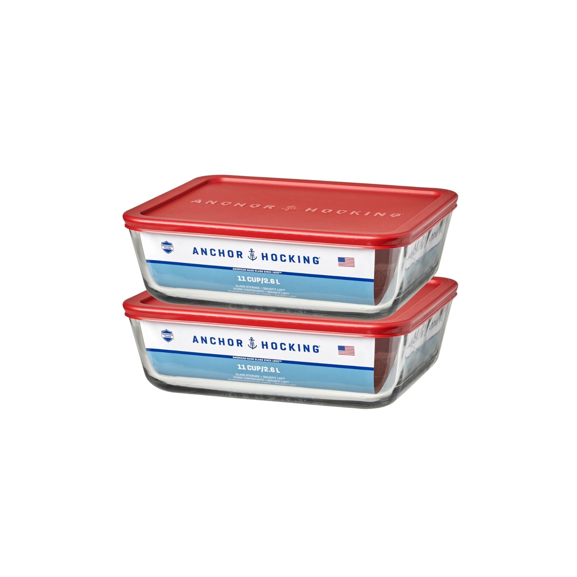 Anchor Hocking 11-Cup Glass Storage Containers with Lids, Set of 2 Glass Food Storage Containers with Red SnugFit Lids