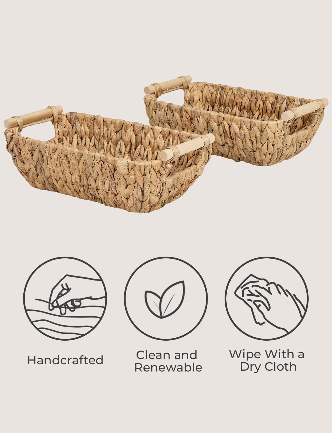 StorageWorks Hand-Woven Small Wicker Baskets  Water Hyacinth Storage Baskets with Wooden Handles  2-Pack