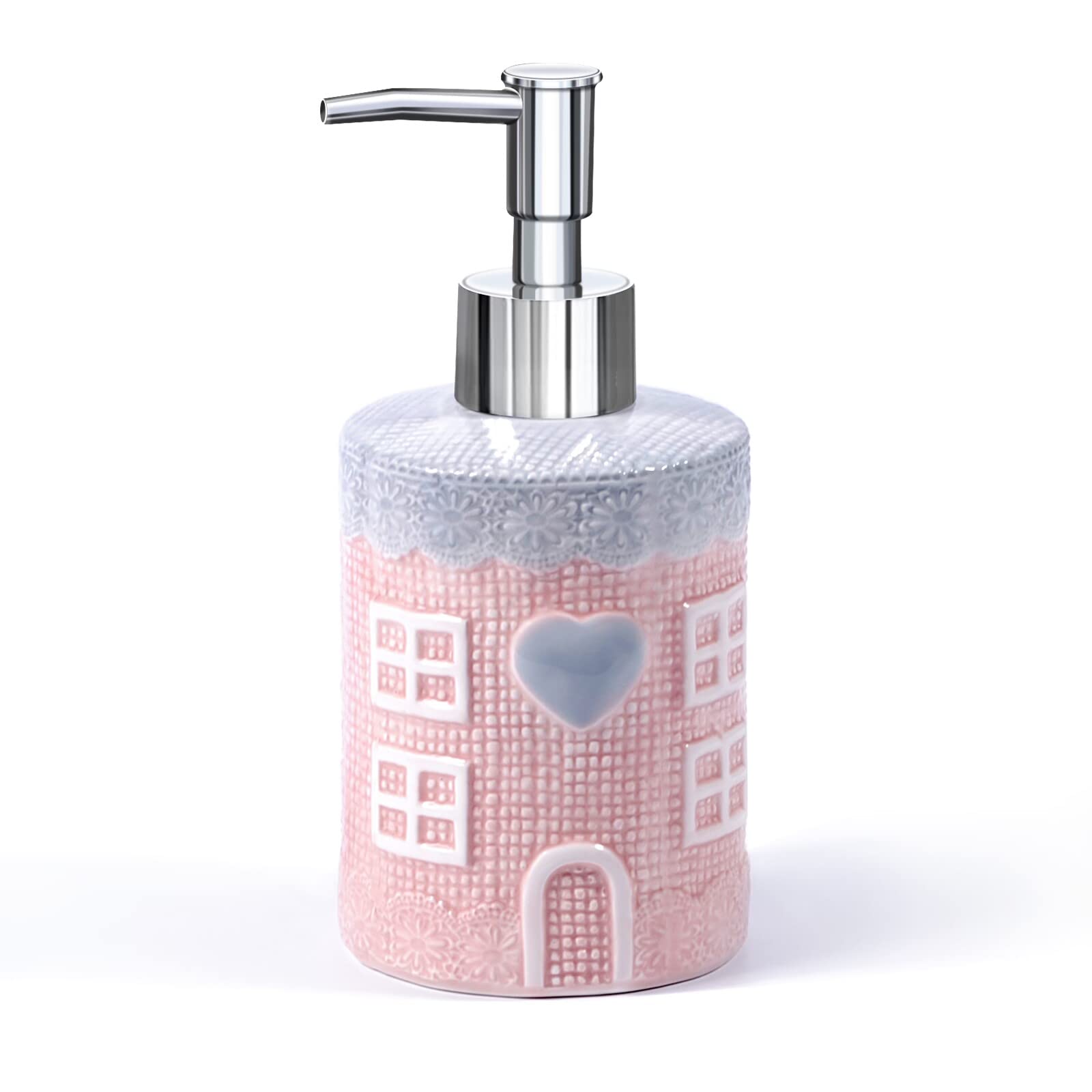 Soap Dispenser, 12.35Oz Ceramic Soap Dispenser With Silver Pump, Decorative Pink House Design Liquid Dish Soap Dispenser For Bat