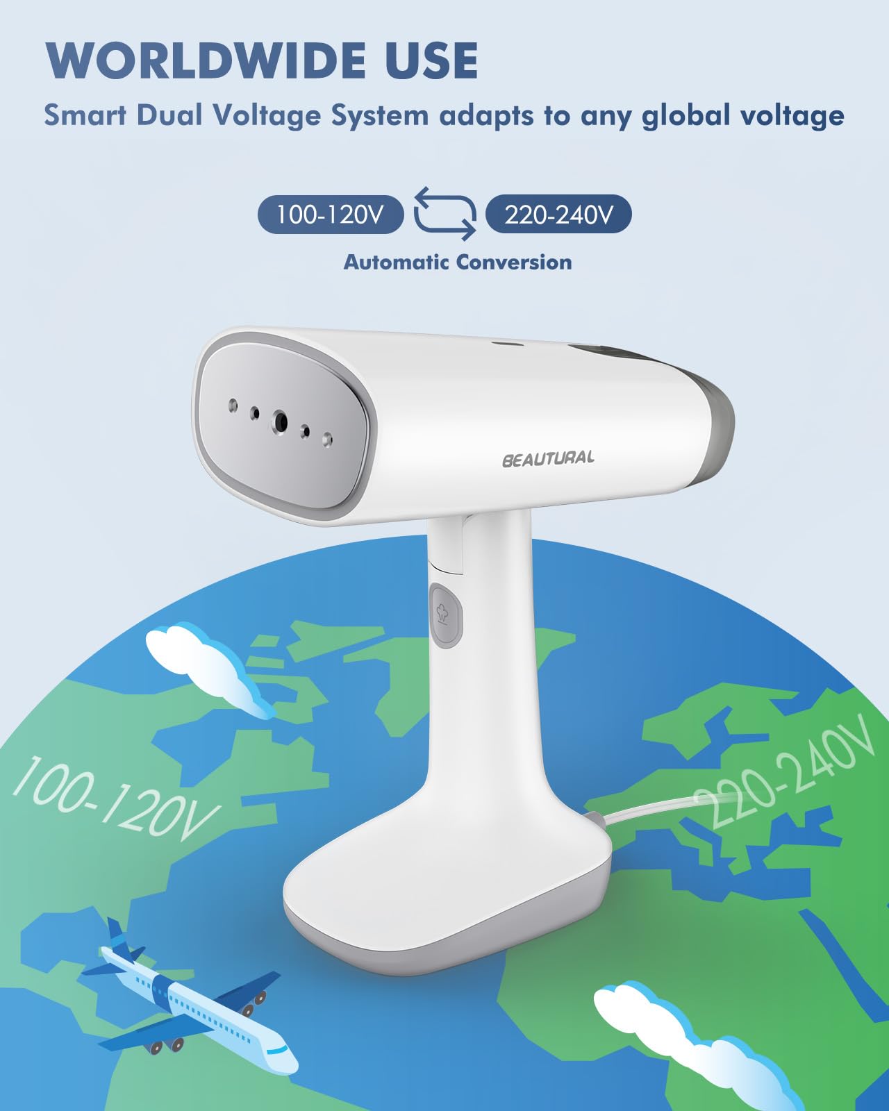 Beautural Travel Steamer For Clothes With Dual Voltage For Worldwide Use, Foldable Handheld Garment Fabric Wrinkle Remover, Port