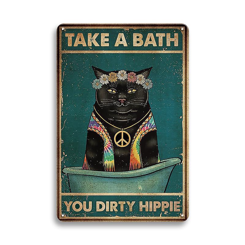 Bathroom Funny Black Cat Decor Sign for Cat Lovers Gifts - Take A Bath You Dirty Hippie- Vintage Retro Cat Art Wall Decor Metal Posters  Black Cat Hippie Metal Tin Sign for Home Toilet Bathroom  Gift Cat Signs Stuff for Cat Lovers 8 x 12 Inches