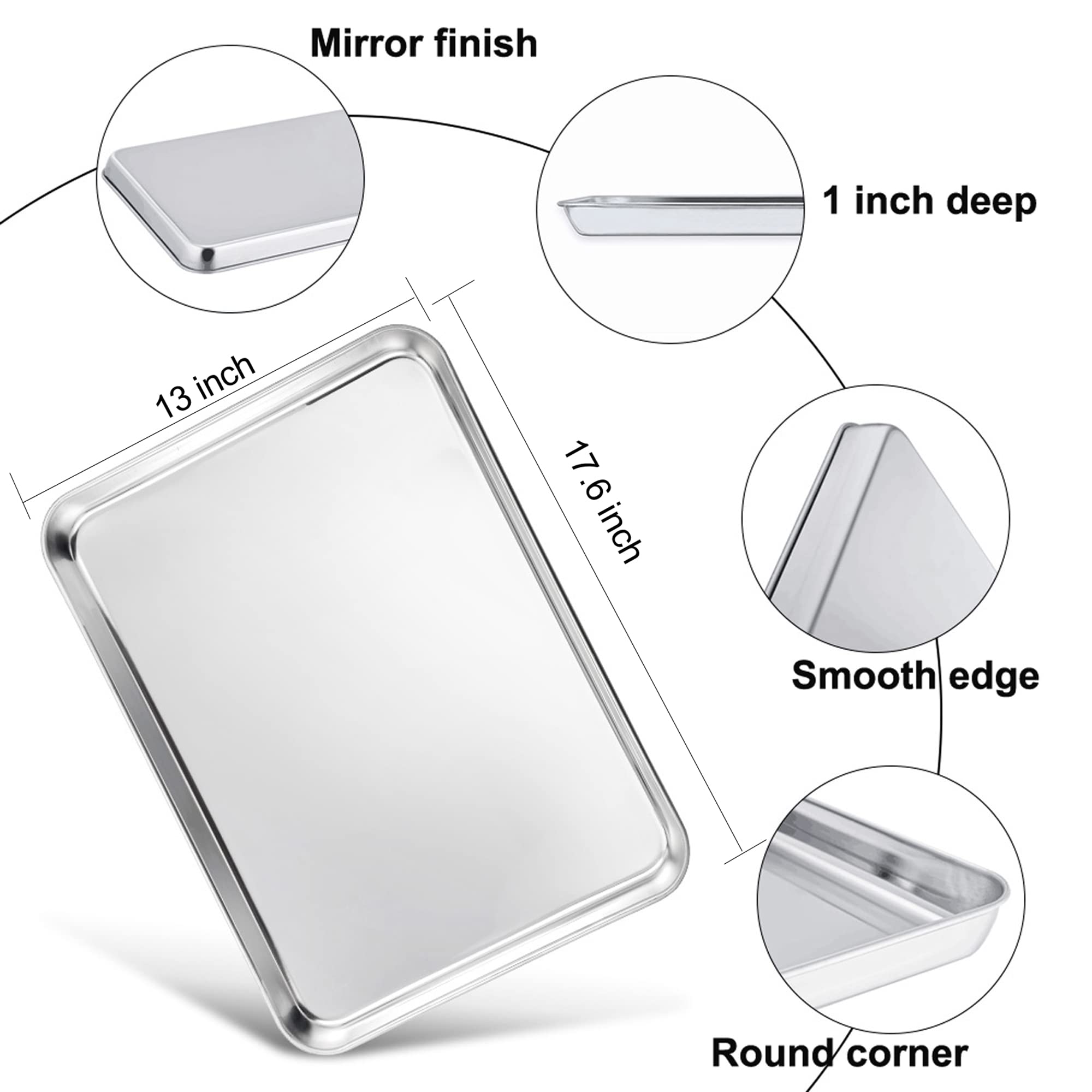 Teamfar Baking Sheet, 17.6 X 13 X 1 Stainless Steel Large Cookie Sheet Baking Tray Pan For Oven, Non-Toxic & Healthy, Rust Free